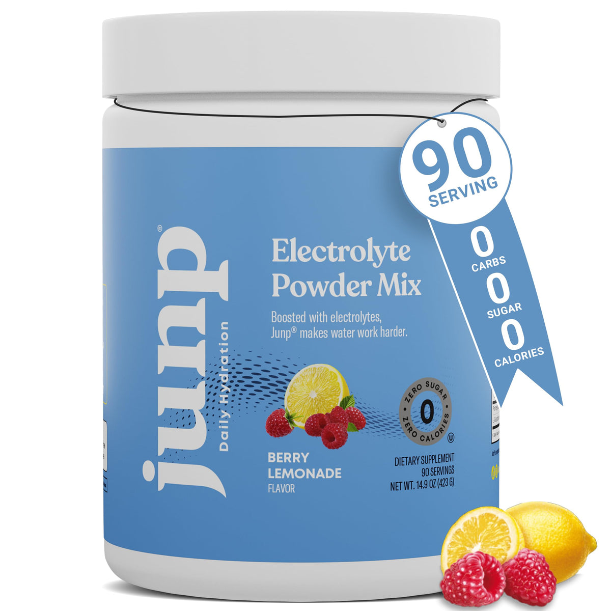 JUNP envase frontal mostrando 90 porciones y sabor berry lemonade