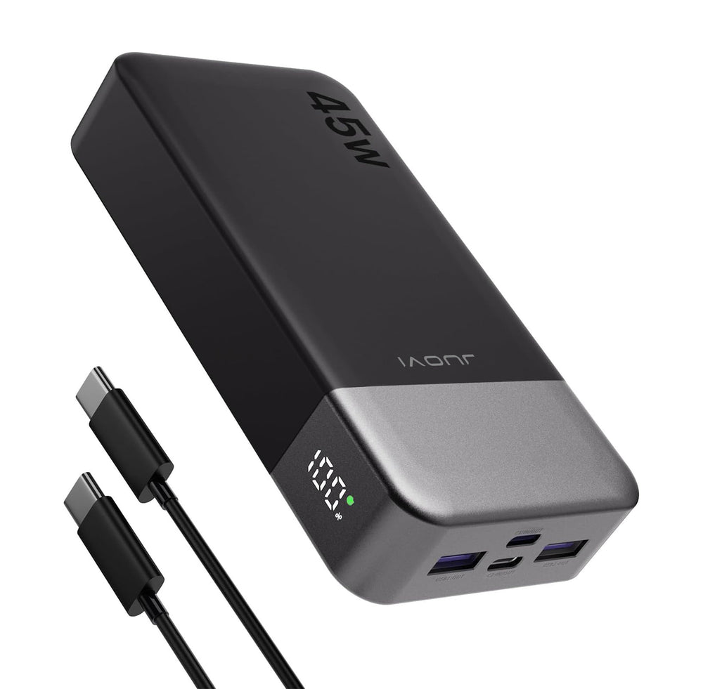 JUOVI power bank frontal mostrando diseño compacto y potencia portátil