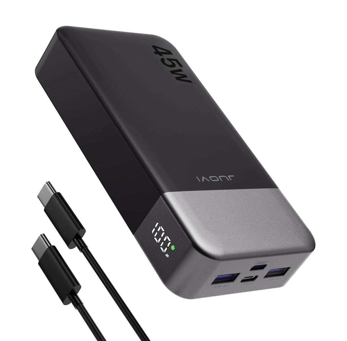 JUOVI power bank frontal mostrando diseño compacto y potencia portátil