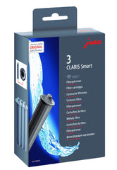 Jura claris smart filter front packaging showing three cartridges and clear labeling benefits