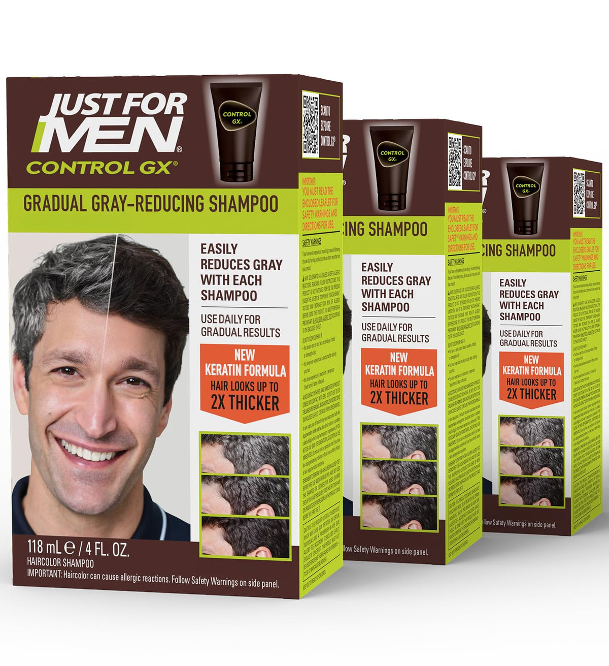 Just for Men frasco frontal mostrando etiqueta y beneficio gradual