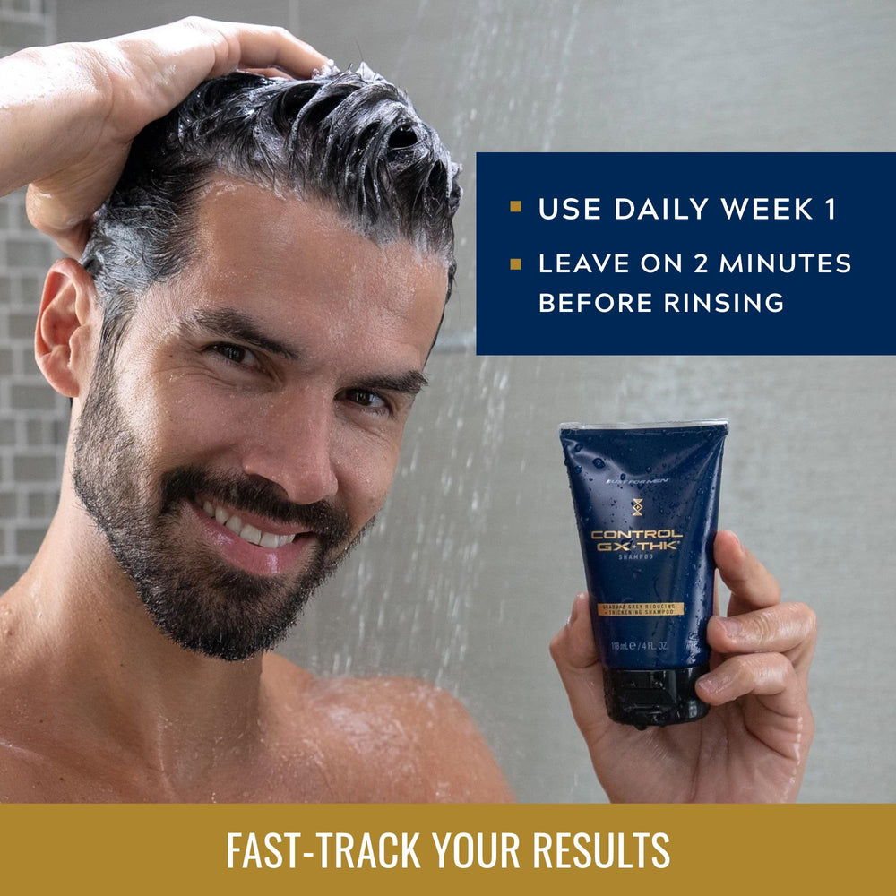 Just for Men etiqueta con ingredientes clave y función voluminizadora