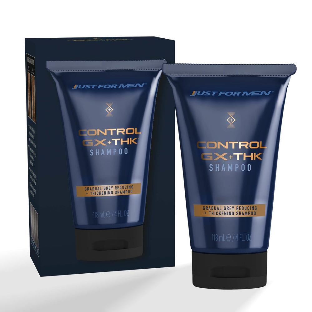 Just for Men botella frontal mostrando diseño y beneficio anticanas