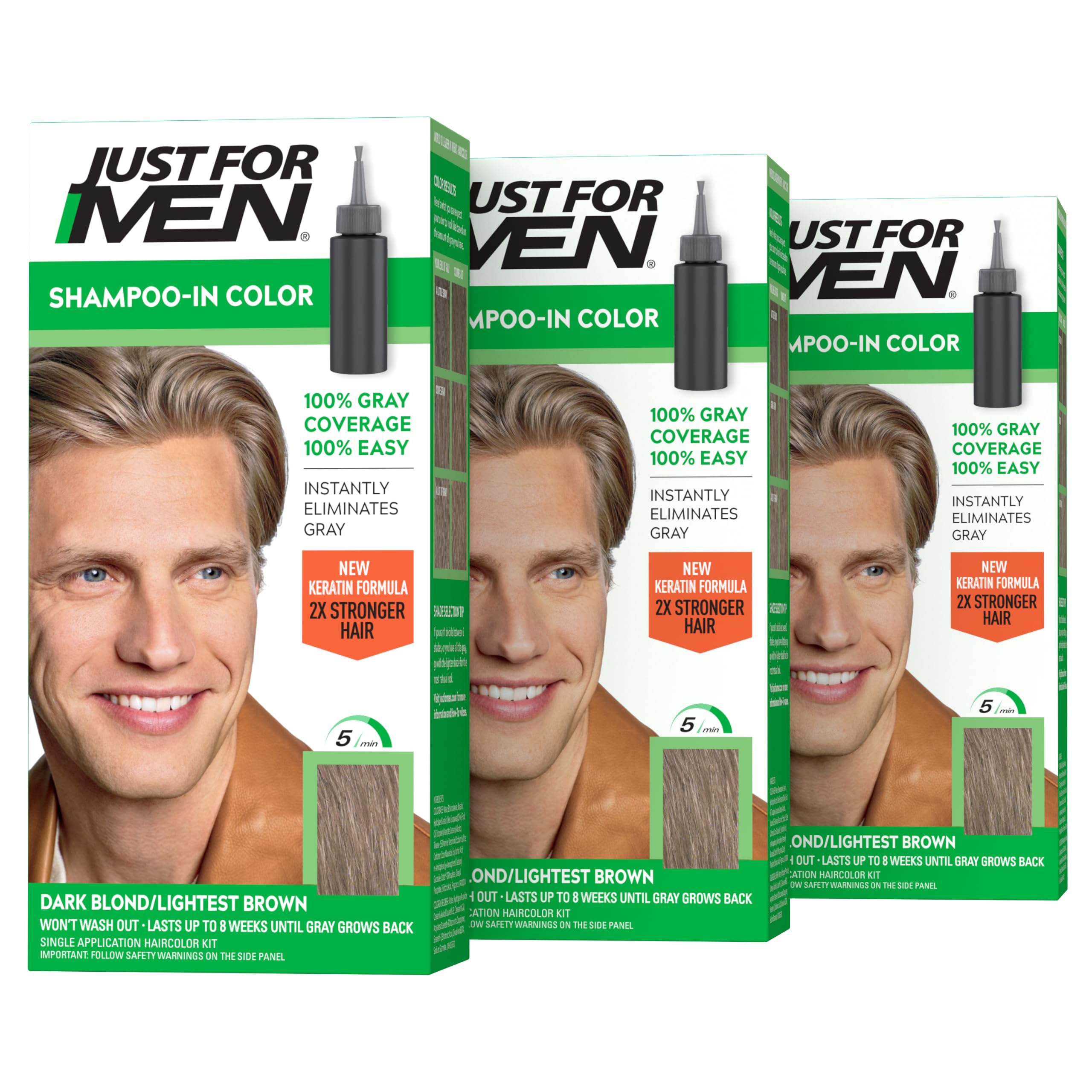 Just For Men empaque frontal H-15 mostrando caja y pack de tres, presentación práctica