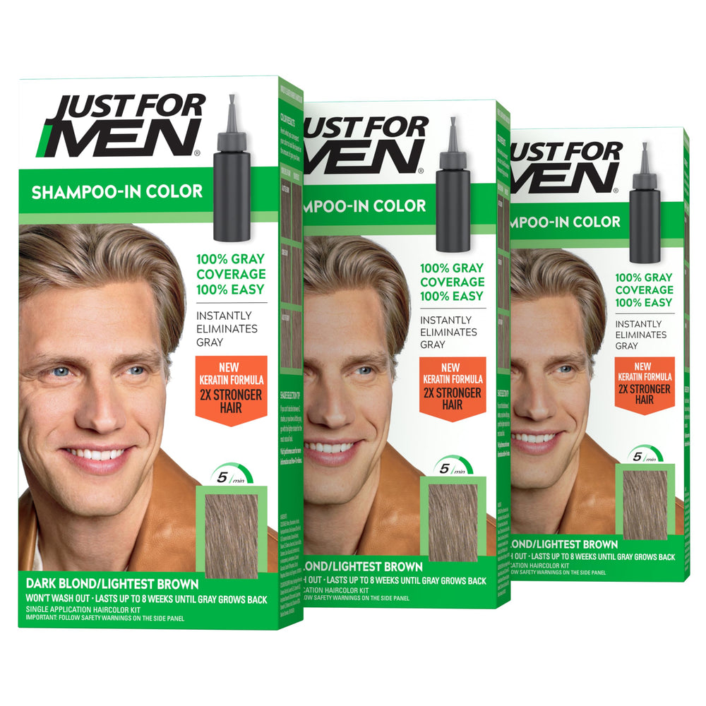 Just For Men empaque frontal H-15 mostrando caja y pack de tres, presentación práctica