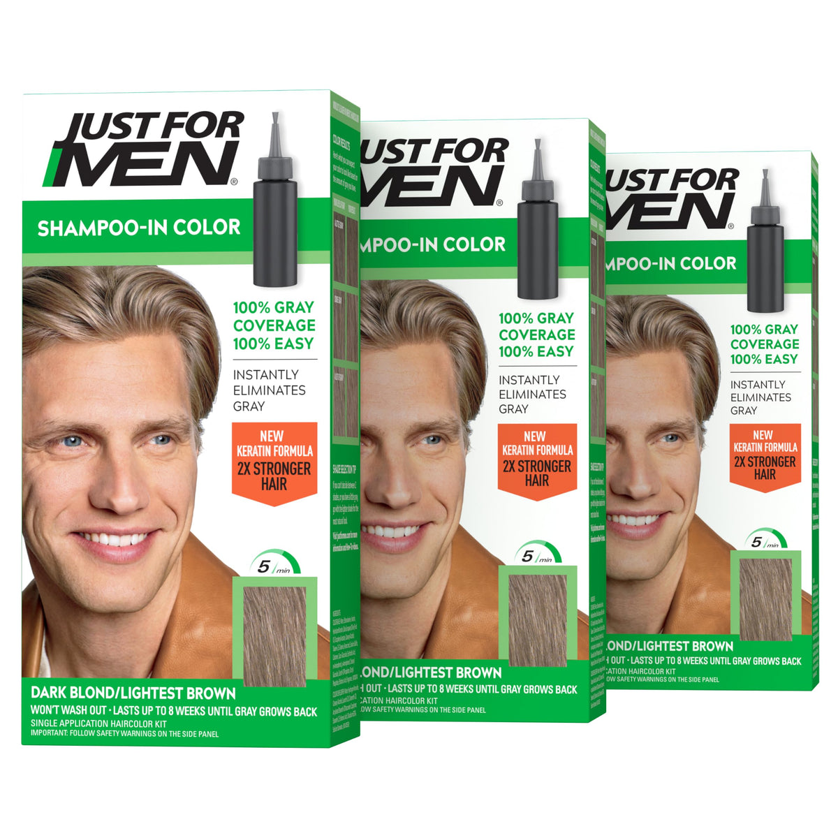 Just For Men empaque frontal H-15 mostrando caja y pack de tres, presentación práctica
