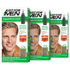 Just For Men empaque frontal H-15 mostrando caja y pack de tres, presentación práctica