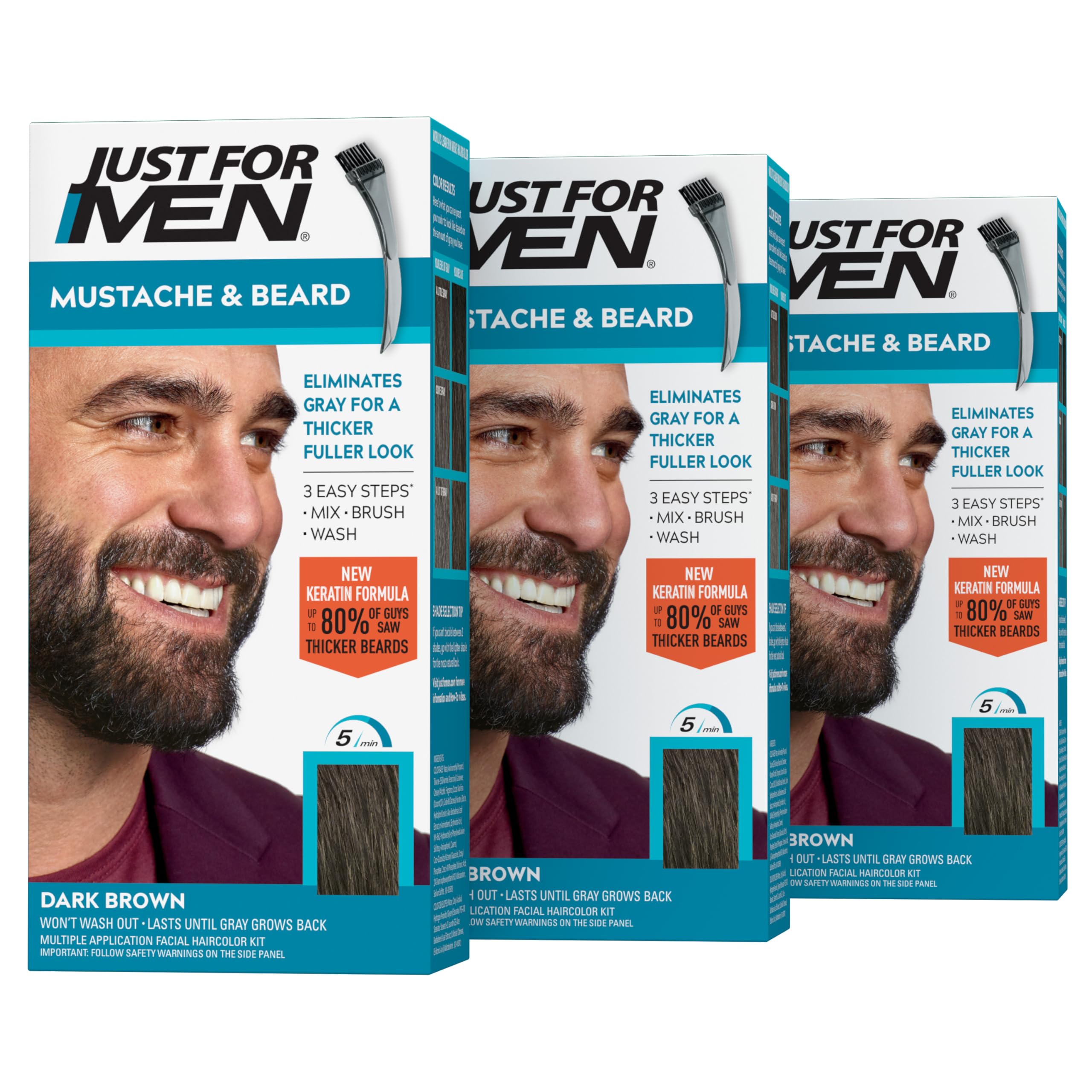Just For Men caja M-45 Dark Brown mostrando el frente y diseño del paquete, fácil identificación