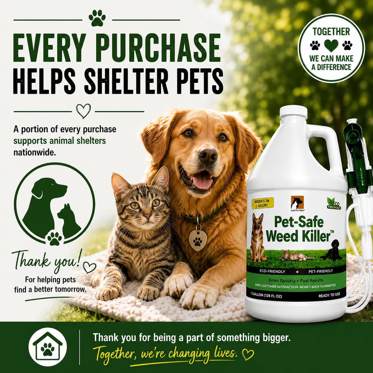 Just For Pets escena familiar con mascotas y exteriores tratados sin ingredientes agresivos
