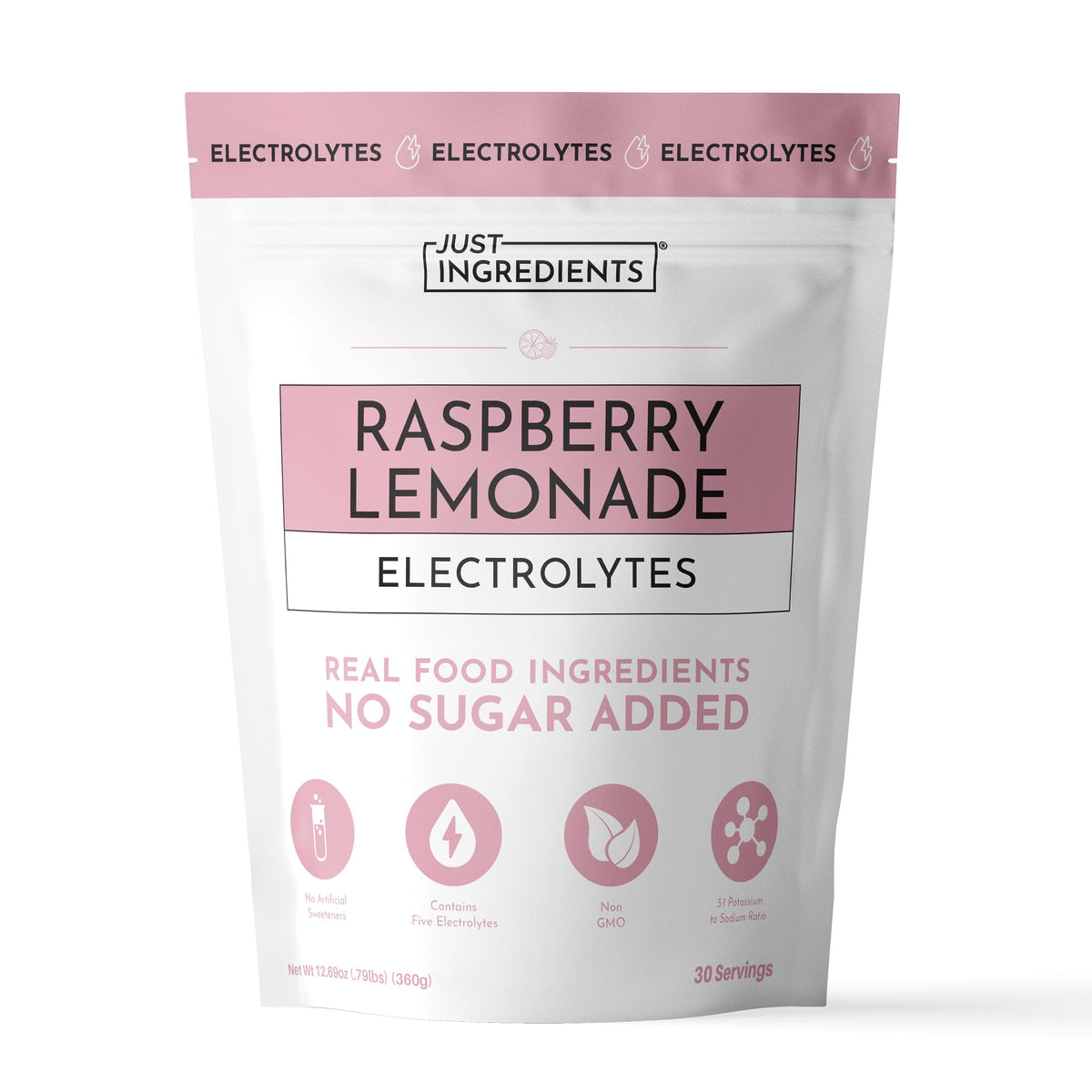 JUST INGREDIENTS frente del paquete Raspberry Lemonade, presentación clara y práctica