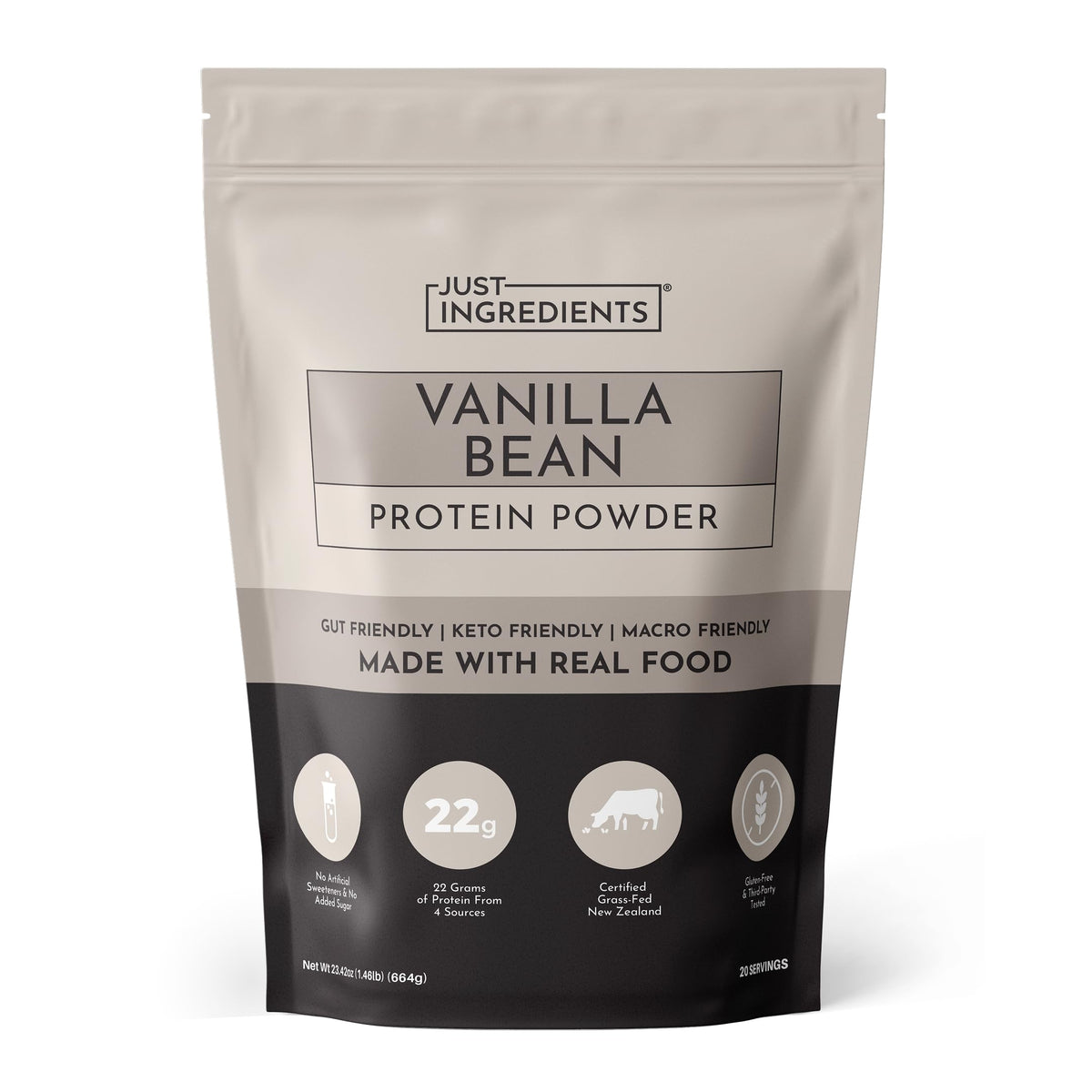 JUST INGREDIENTS envase frontal mostrando etiqueta clara y beneficios