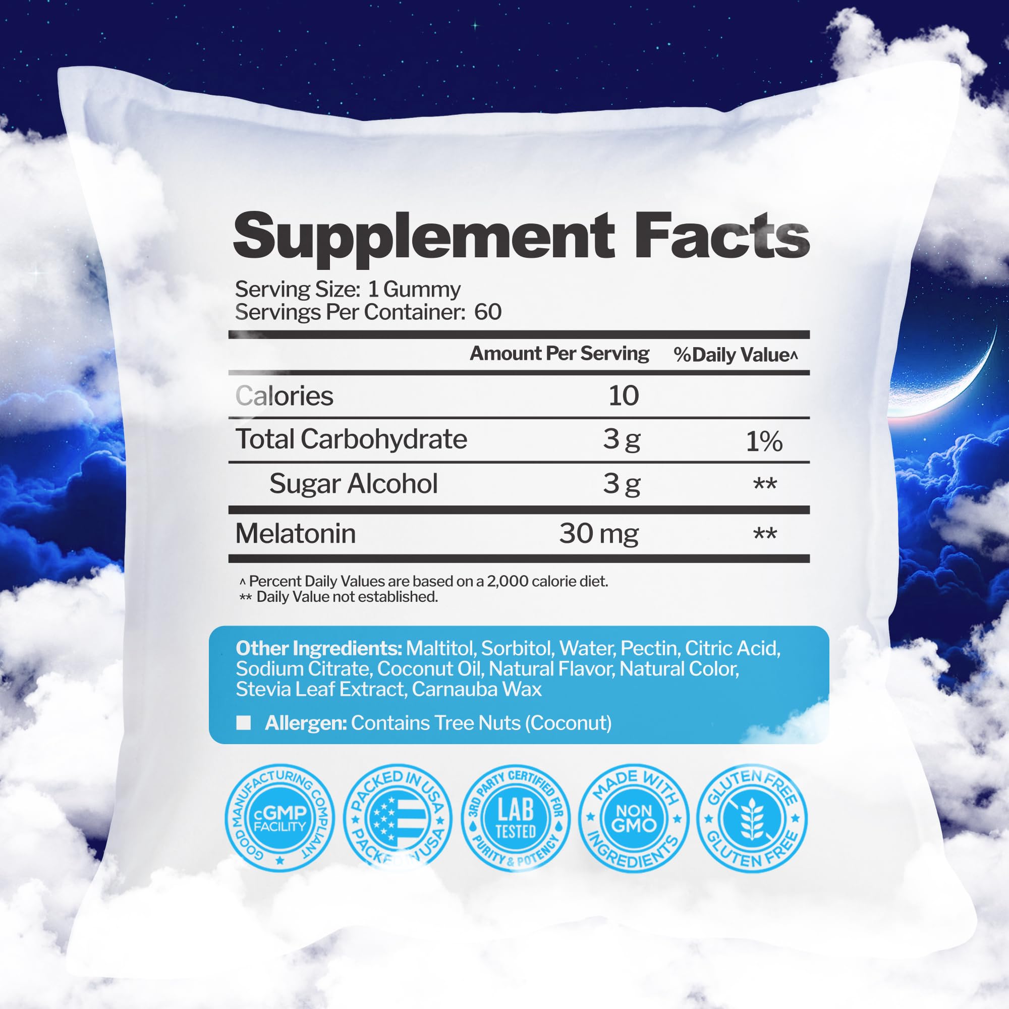 Just Nutrients etiqueta con lista de ingredientes y sellos de libre de alérgenos