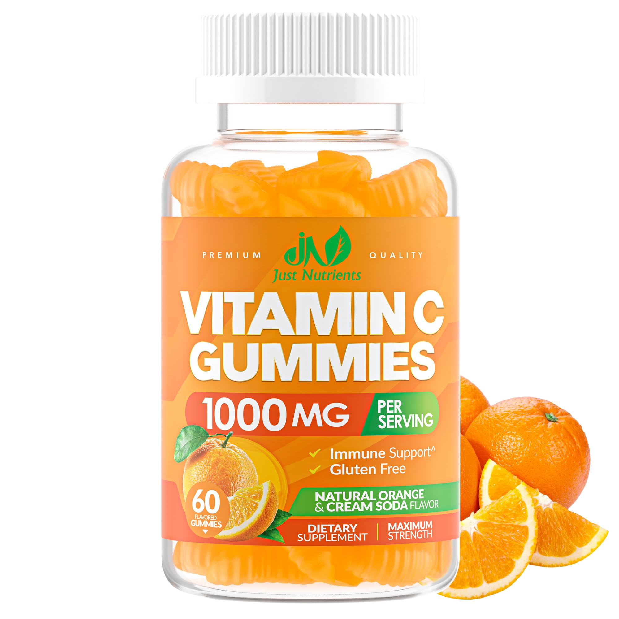 Just Nutrients frasco frontal mostrando 60 gomitas y etiqueta clara