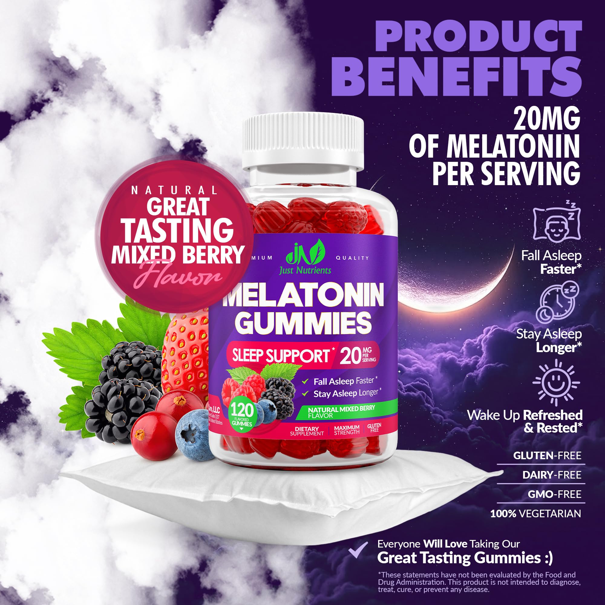 Just Nutrients gomita en mano mostrando tamaño y beneficio fácil toma