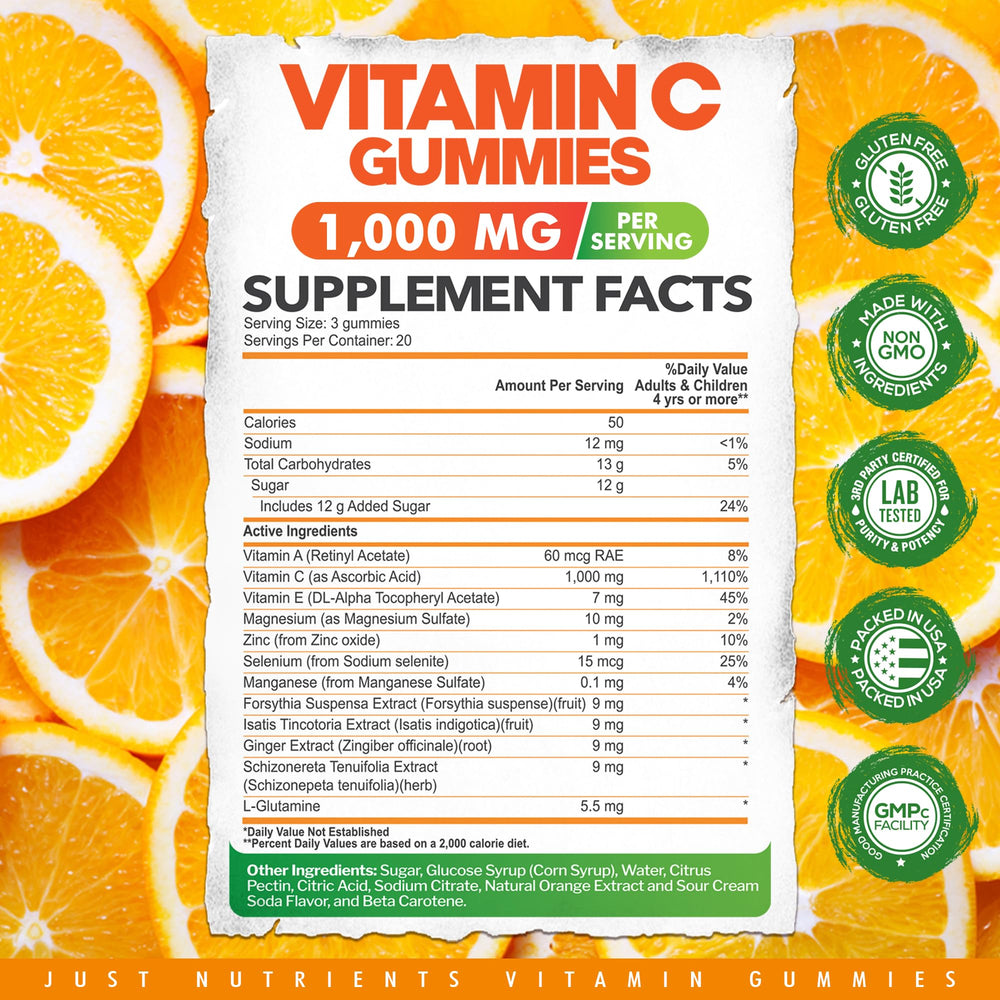 Just Nutrients primer plano de gomita y textura masticable, atractivo sabor