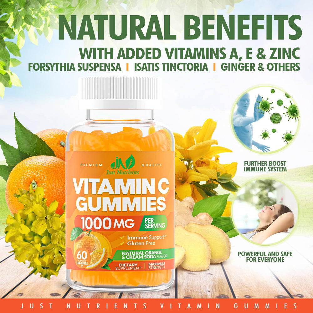 Just Nutrients frasco abierto con gomitas visibles, almacenamiento práctico