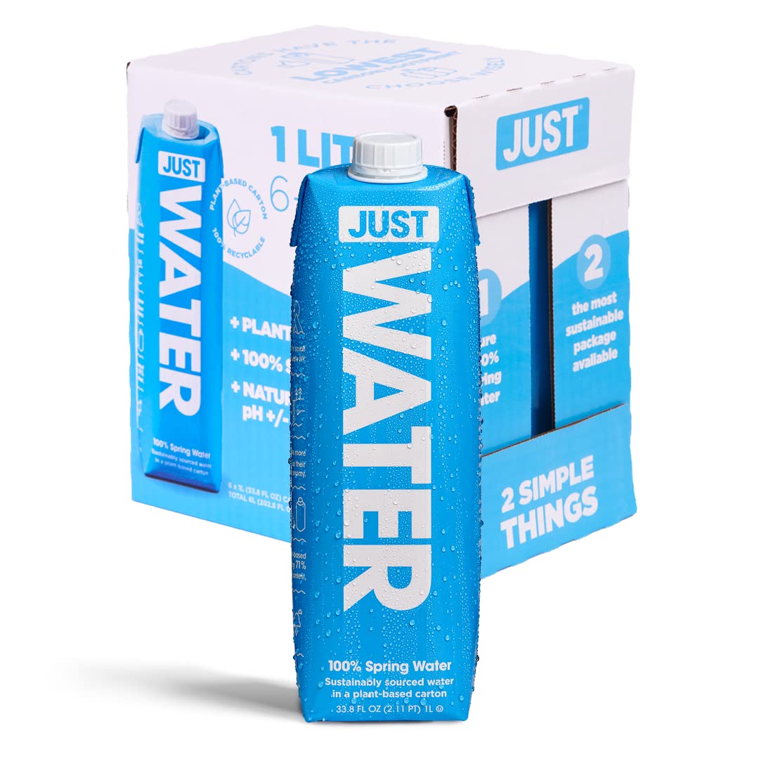 JUST Water vista frontal del envase 1 L con diseño eco y volumen visible