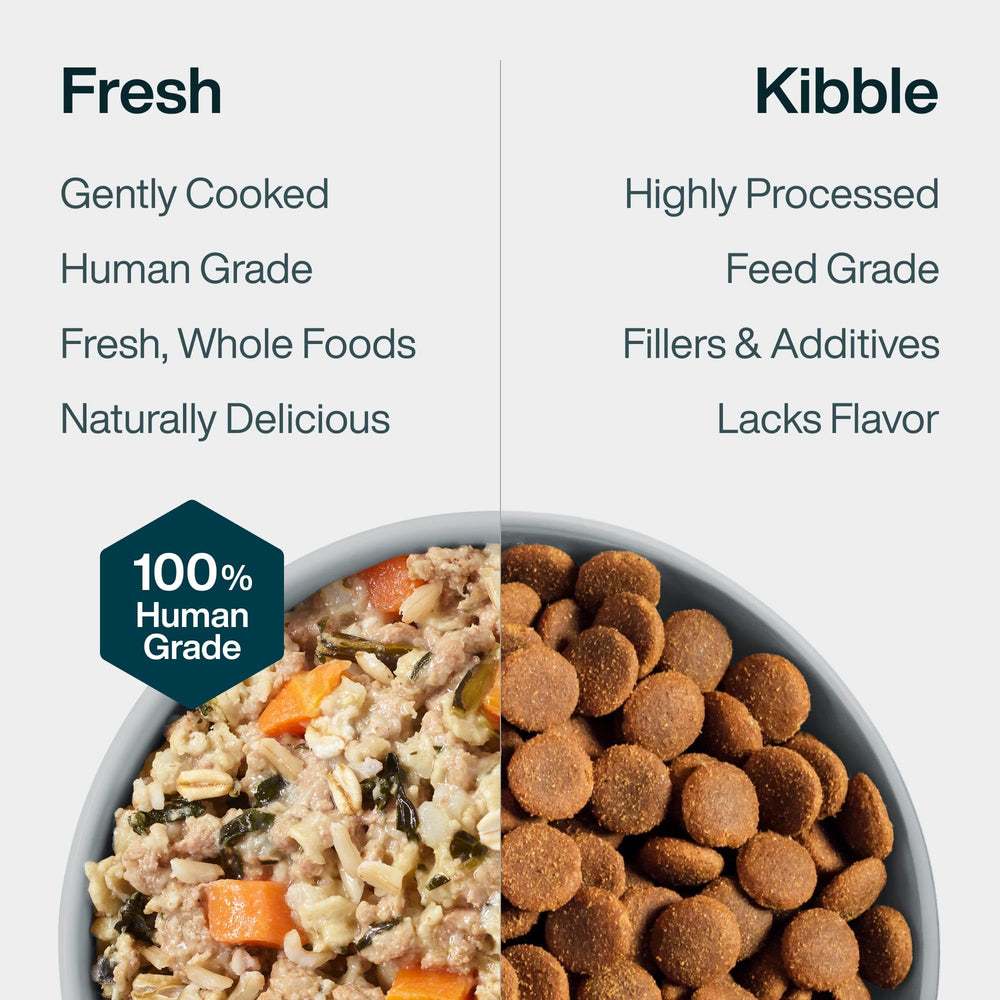 JustFoodForDogs comparación de tamaño del sobre para referencia de porción
