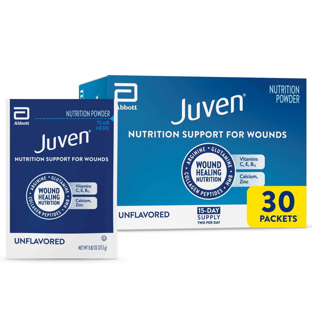 Juven frente del paquete mostrando sobres y marca, ayuda nutricional clara