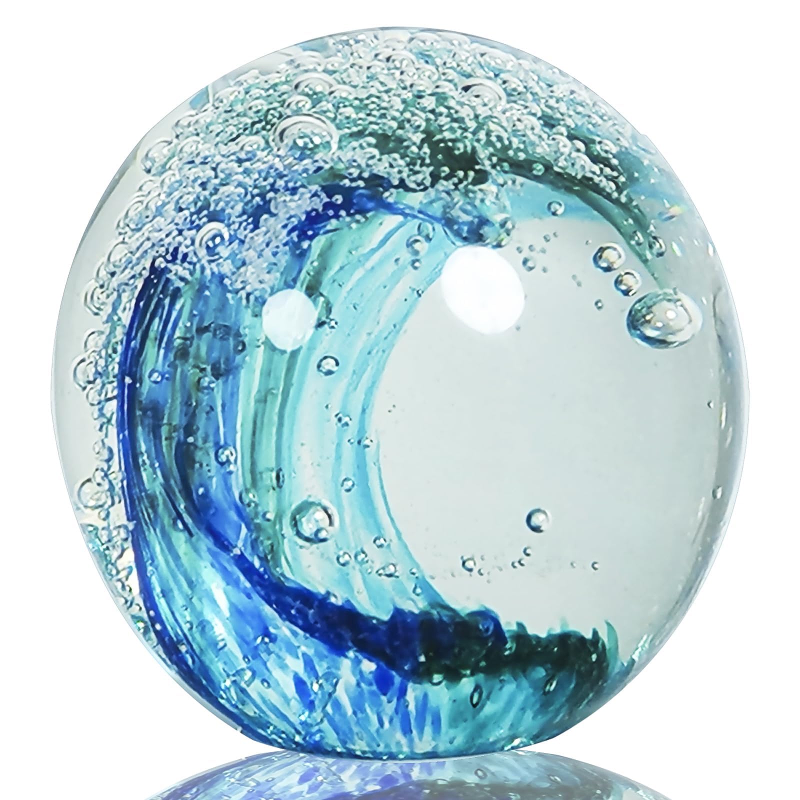 JUYOULE bola de vidrio frontal mostrando tonos azules y forma de ola