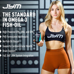 JYM Supplement Science cápsulas junto a un vaso de agua para toma con comidas