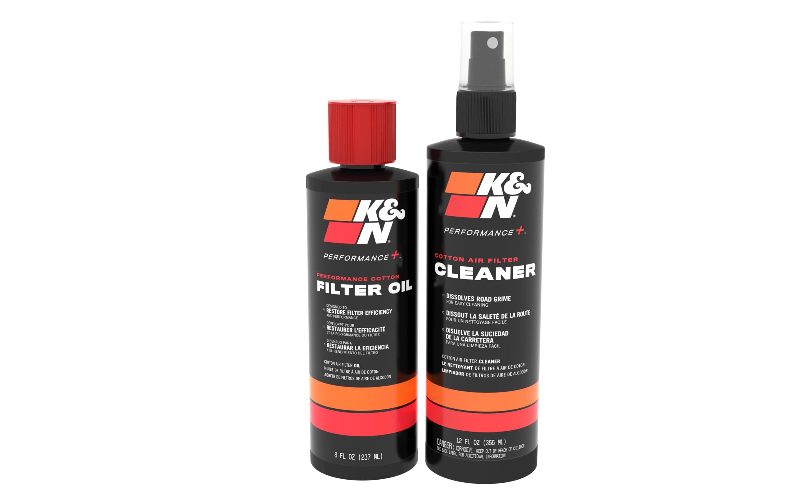 K&N frente del kit con limpiador y aceite restaurando rendimiento