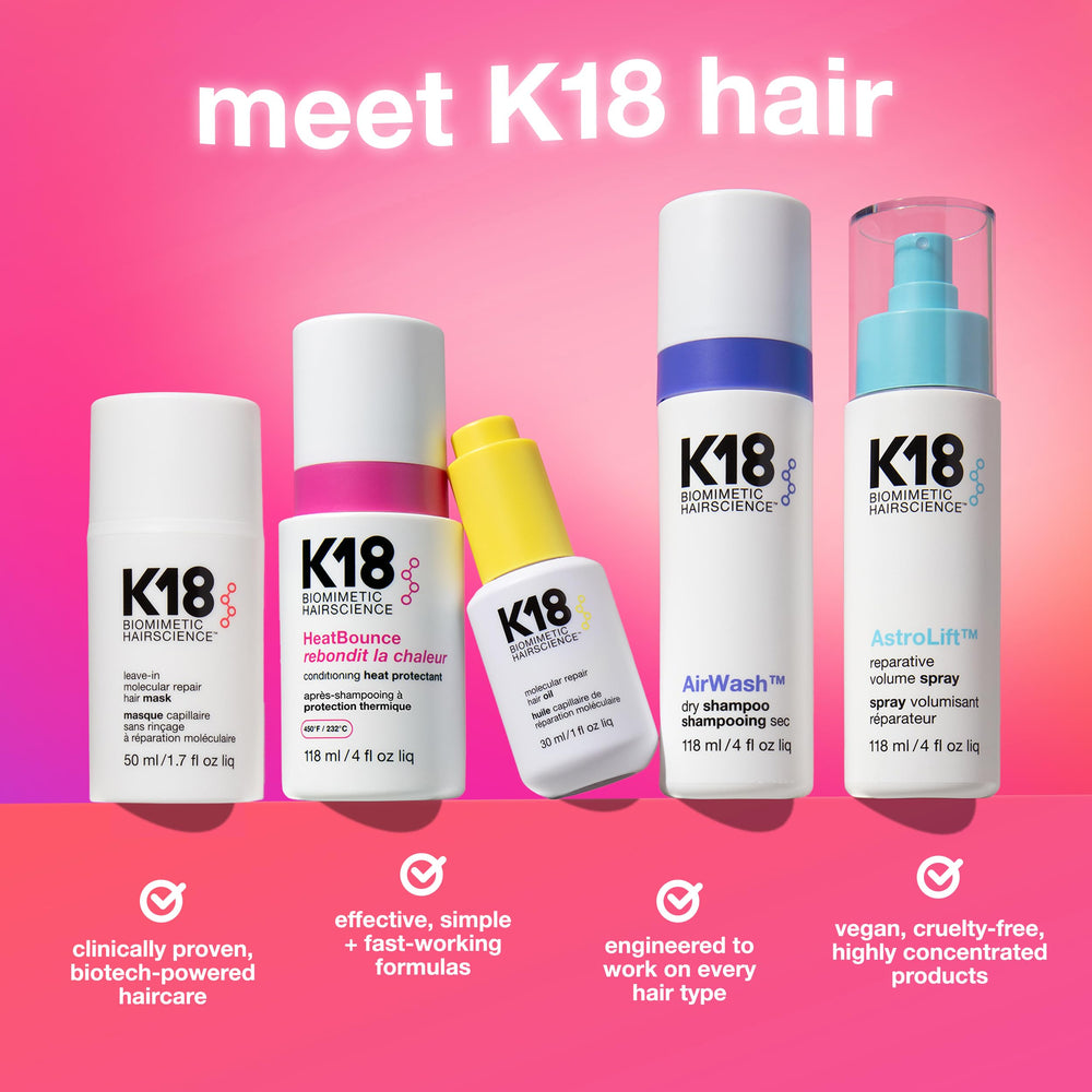 K18 etiqueta y detalles de ingredientes y protección térmica