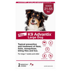 K9 Advantix envase frontal mostrando dos tratamientos y beneficios rápidos