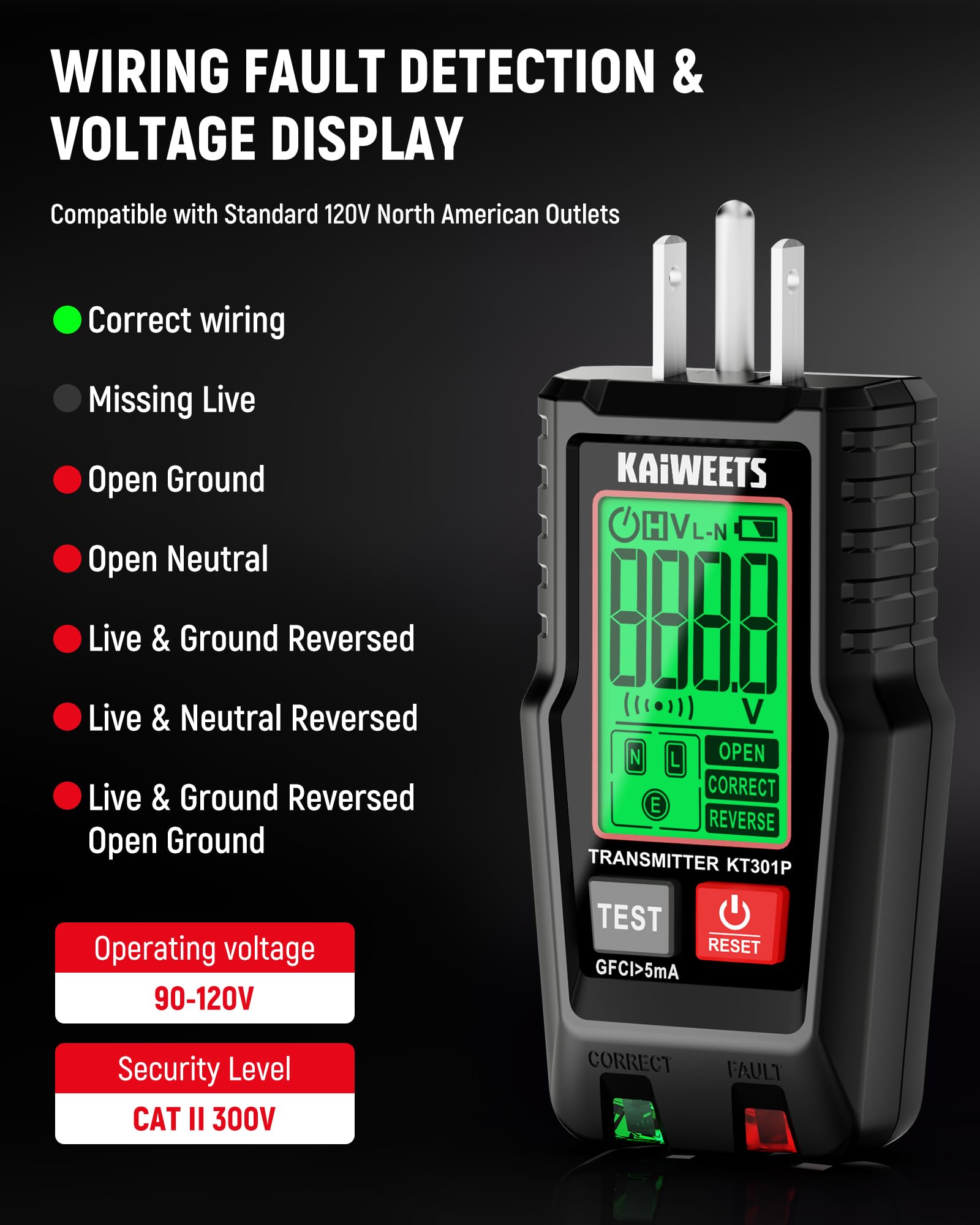 KAIWEETS KT301P adaptadores incluidos (3‑2, portalámparas, cocodrilo), amplían compatibilidad