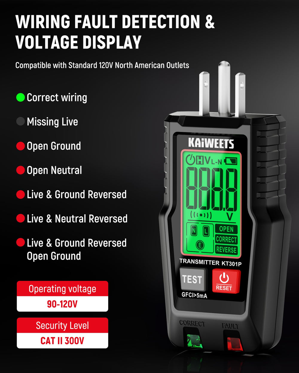 KAIWEETS KT301P adaptadores incluidos (3‑2, portalámparas, cocodrilo), amplían compatibilidad