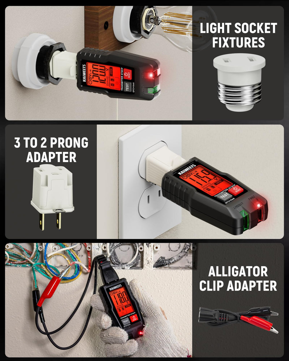 KAIWEETS KT301P probando GFCI en toma de pared, verifica disparo y estado de cableado