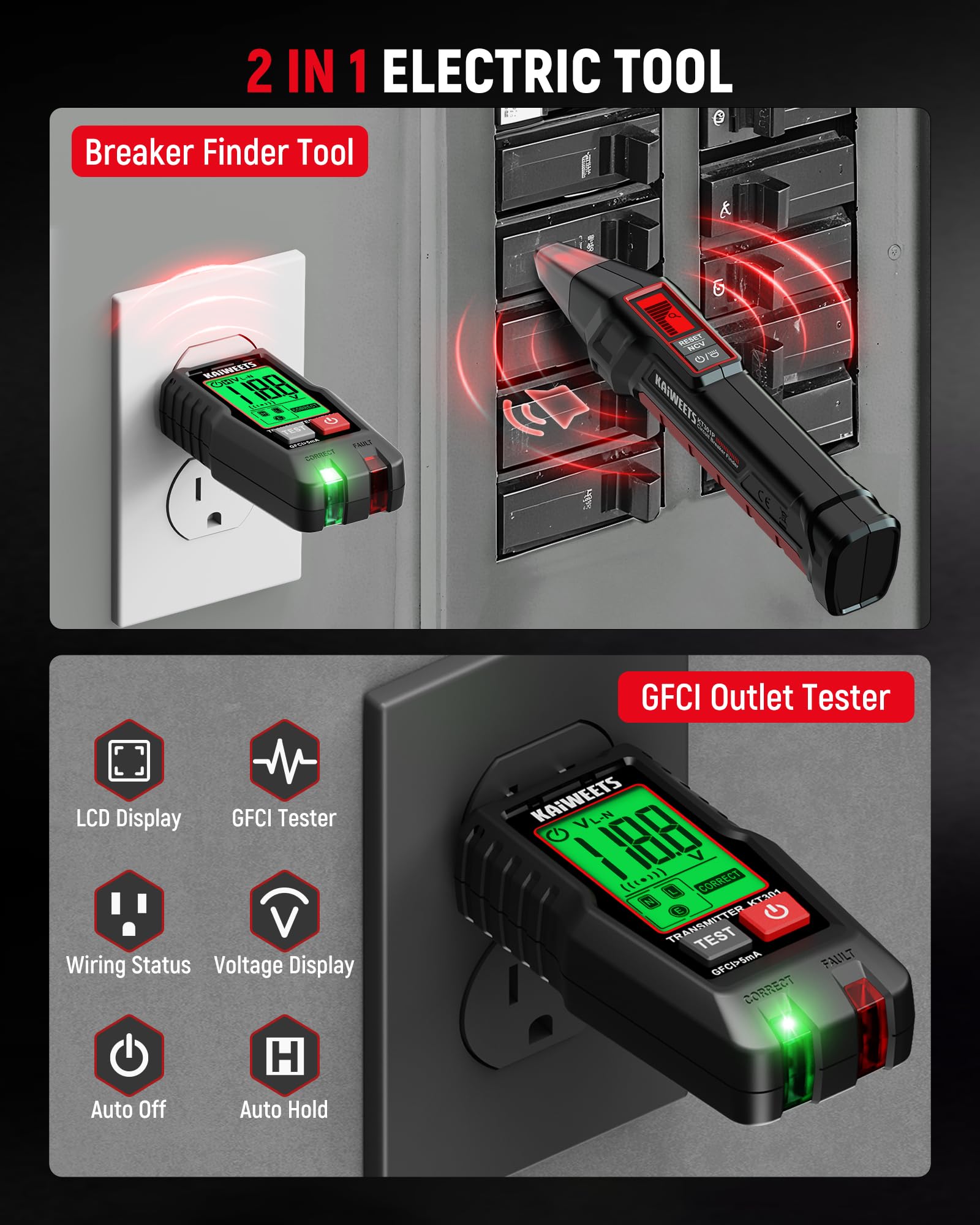 KAIWEETS KT301P en uso frente a cuadro eléctrico, localiza el breaker correcto eficientemente