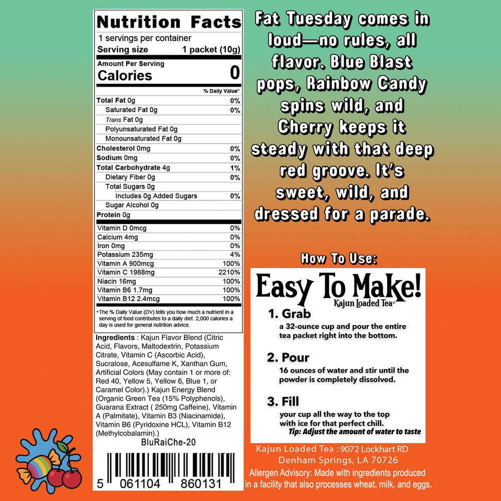 KaJun LOADED TEA etiqueta con información de vitaminas y 250 mg cafeína