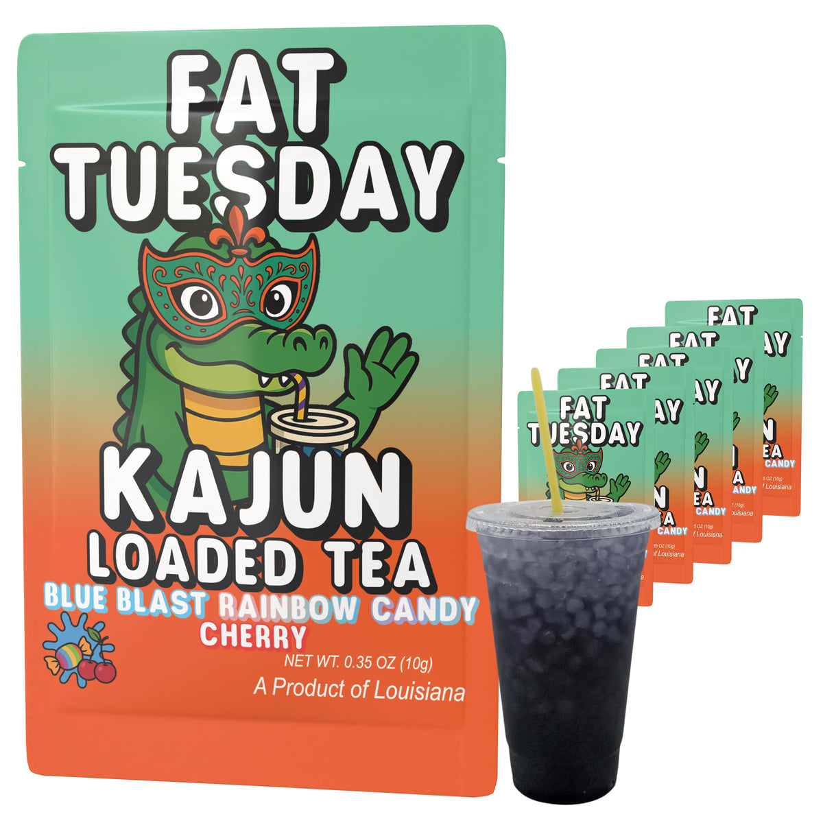 KaJun LOADED TEA paquete Fat Tuesday frontal mostrando variedad de sabores