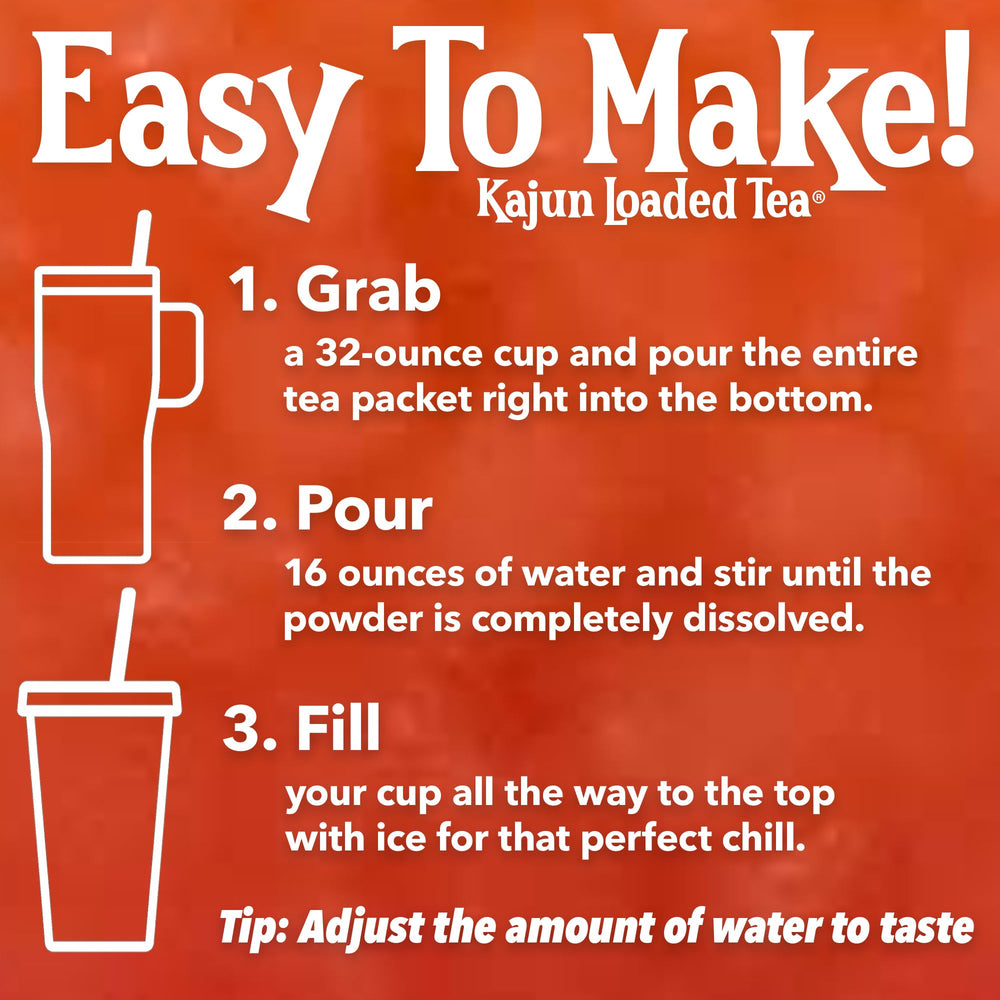 KaJun LOADED TE bebida servida en vaso con hielo, refrescante y sin calorías