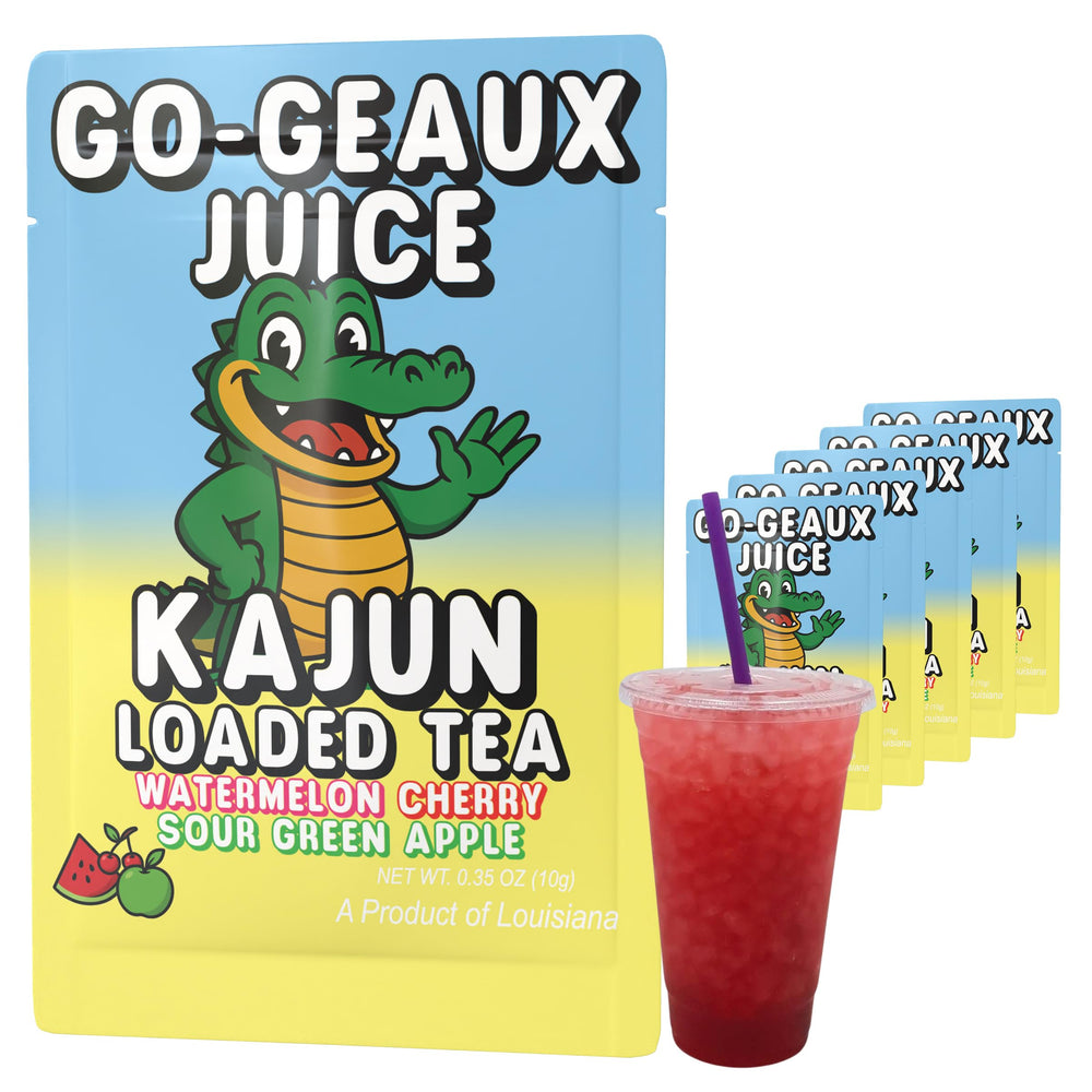 KaJun LOADED TEA frente del sobre mostrando diseño y sabor Go-Geaux Juice