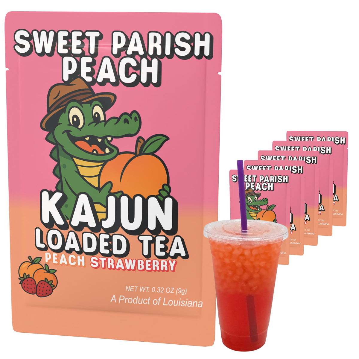 KaJun LOADED TE paquete frontal mostrando sabor Peach y Strawberry, atractivo visual