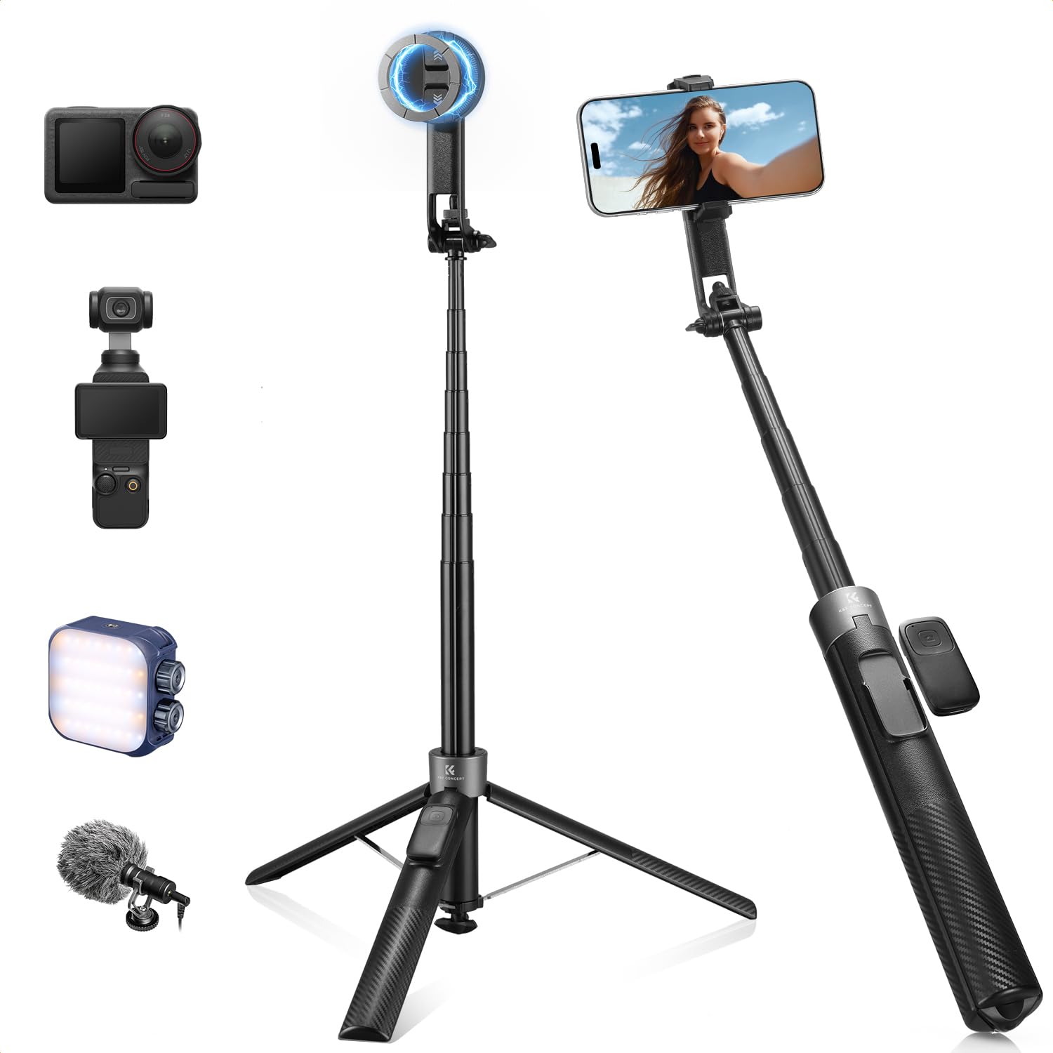 K&F CONCEPT front view of 72-inch selfie stick showing tall reach and portability