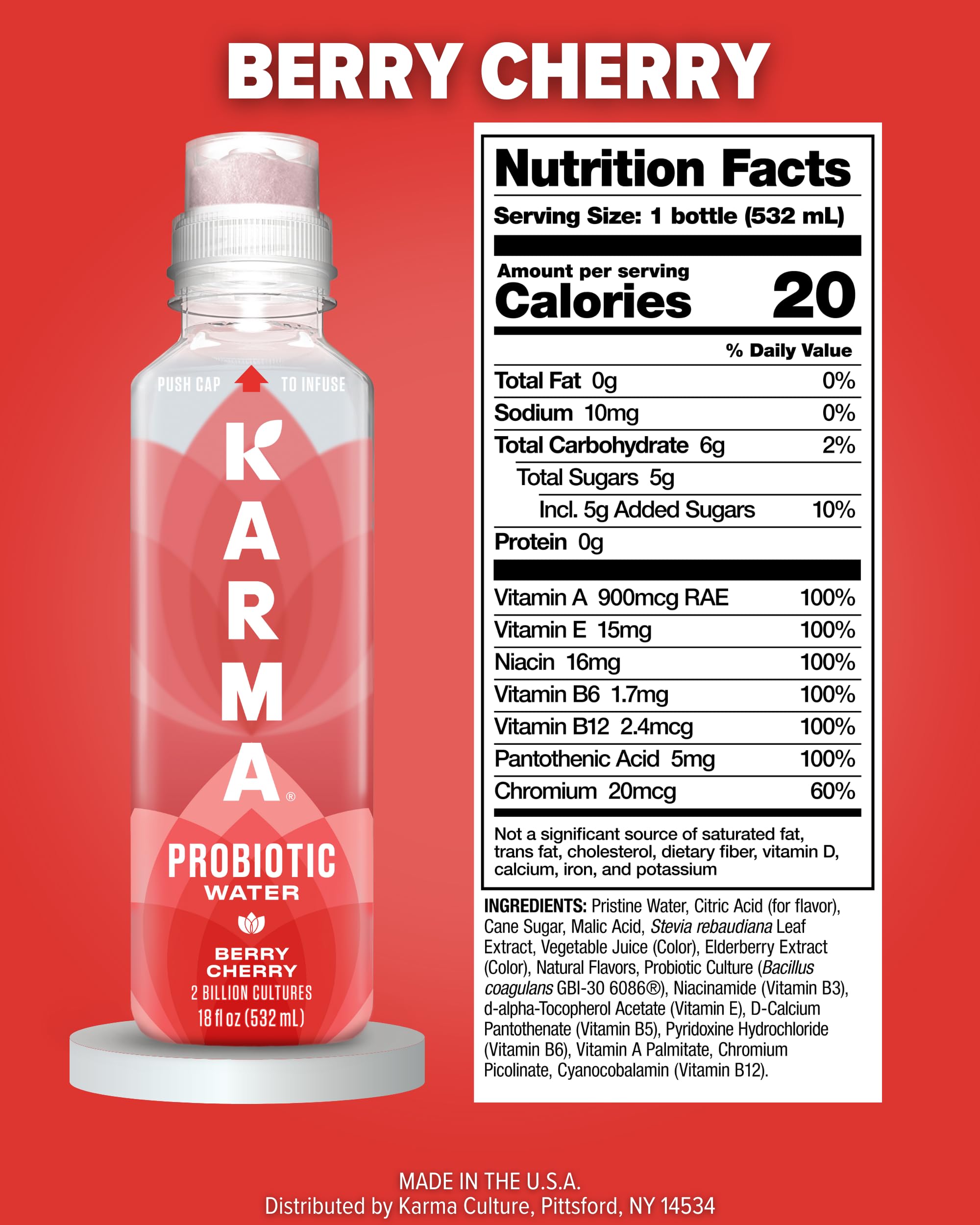 Karma etiqueta con información de vitaminas y probióticos visible