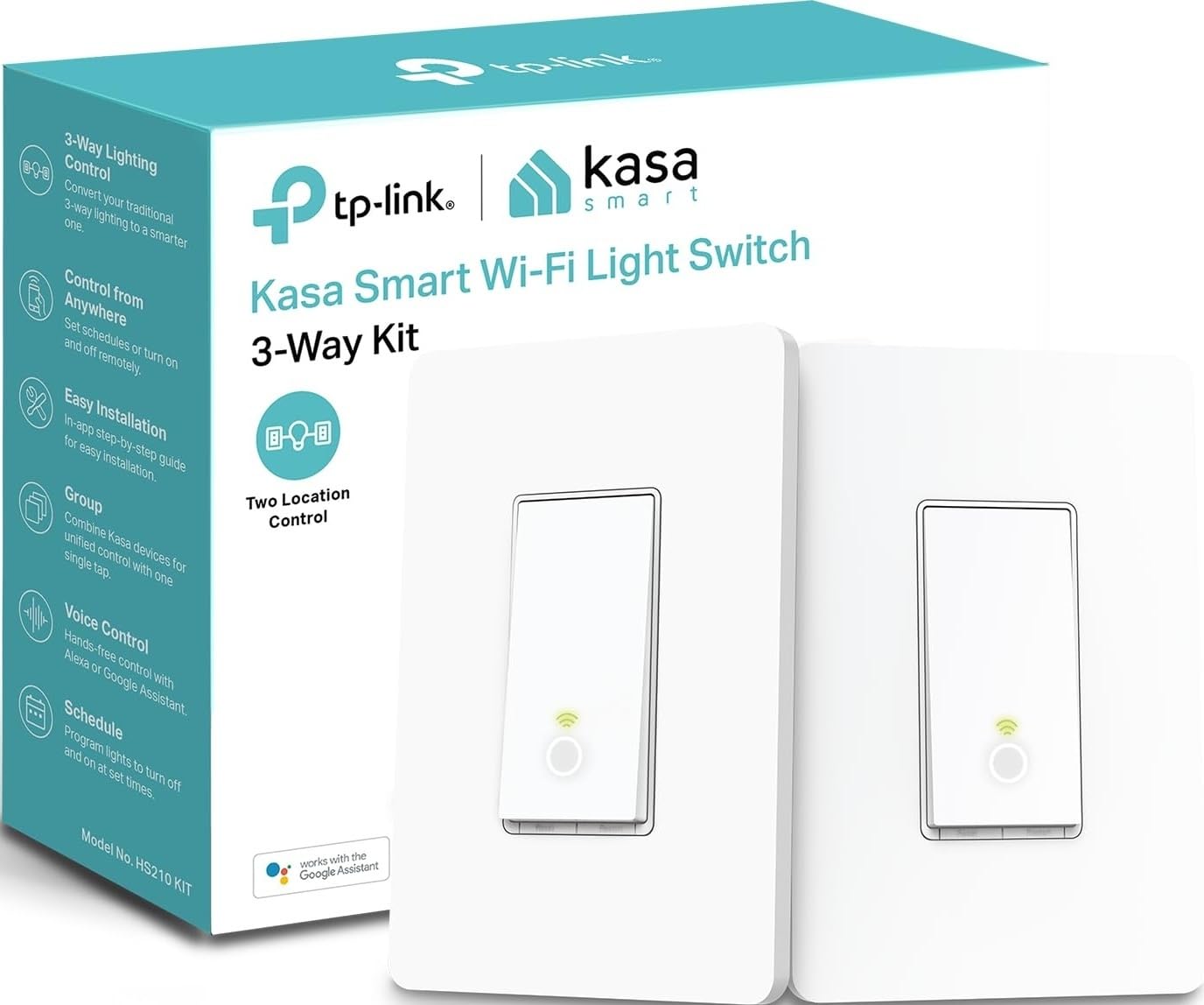 Kasa Smart HS210 frontal del kit mostrando interruptores y beneficios de control inteligente