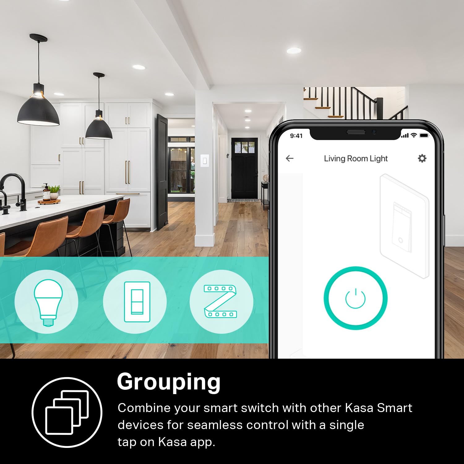 Kasa Smart HS220P3 instalado en salón controlado por app para ambiente confortable