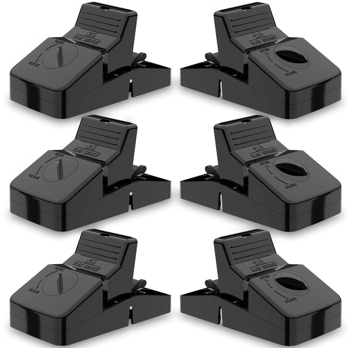 Kat Sense front packaging showing six large snap traps for fast control