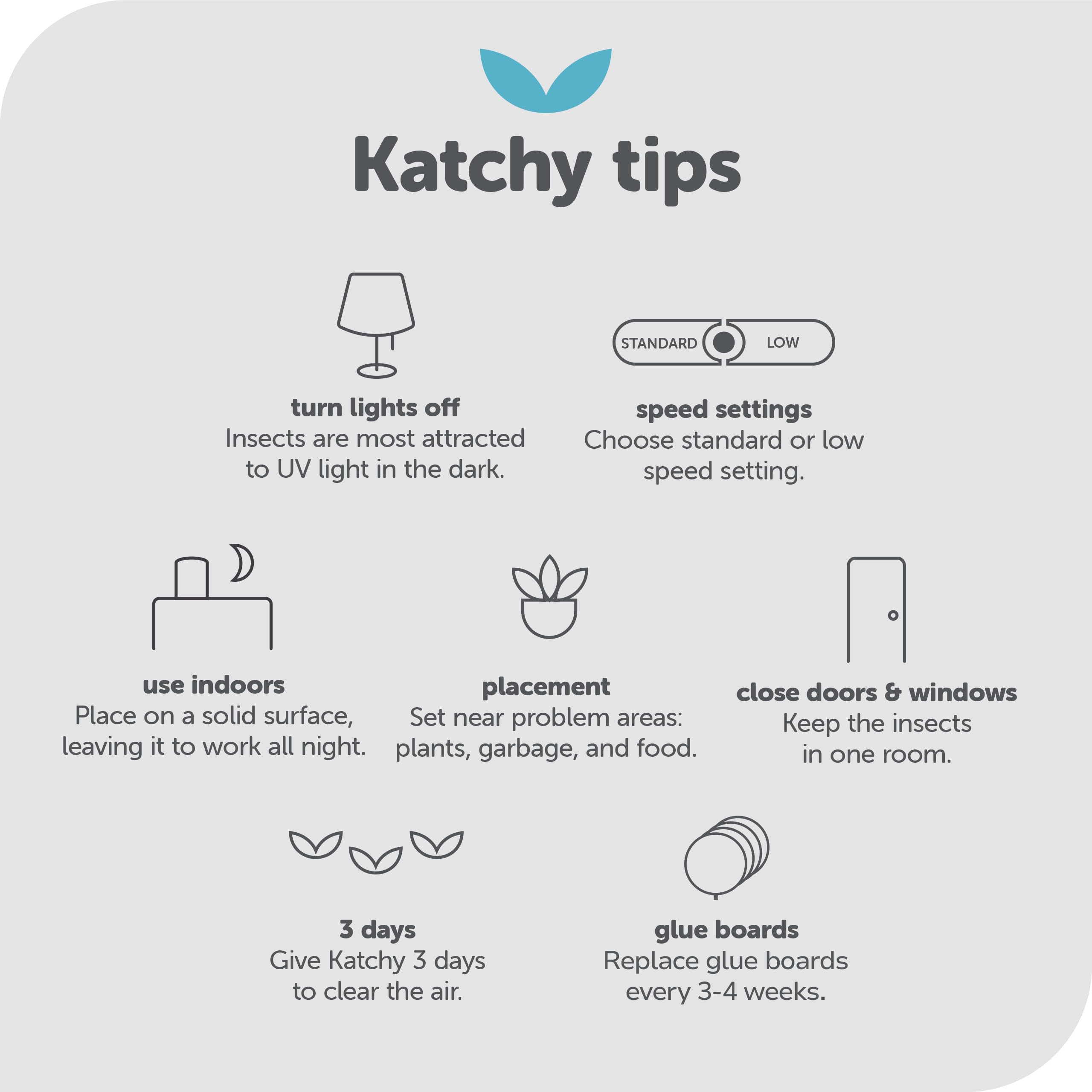 Contenido del paquete Katchy mostrando unidad y las cuatro placas adhesivas