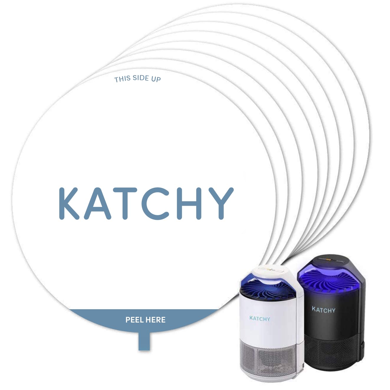 KATCHY frente del paquete de recambios mostrando ocho placas adhesivas y compatibilidad