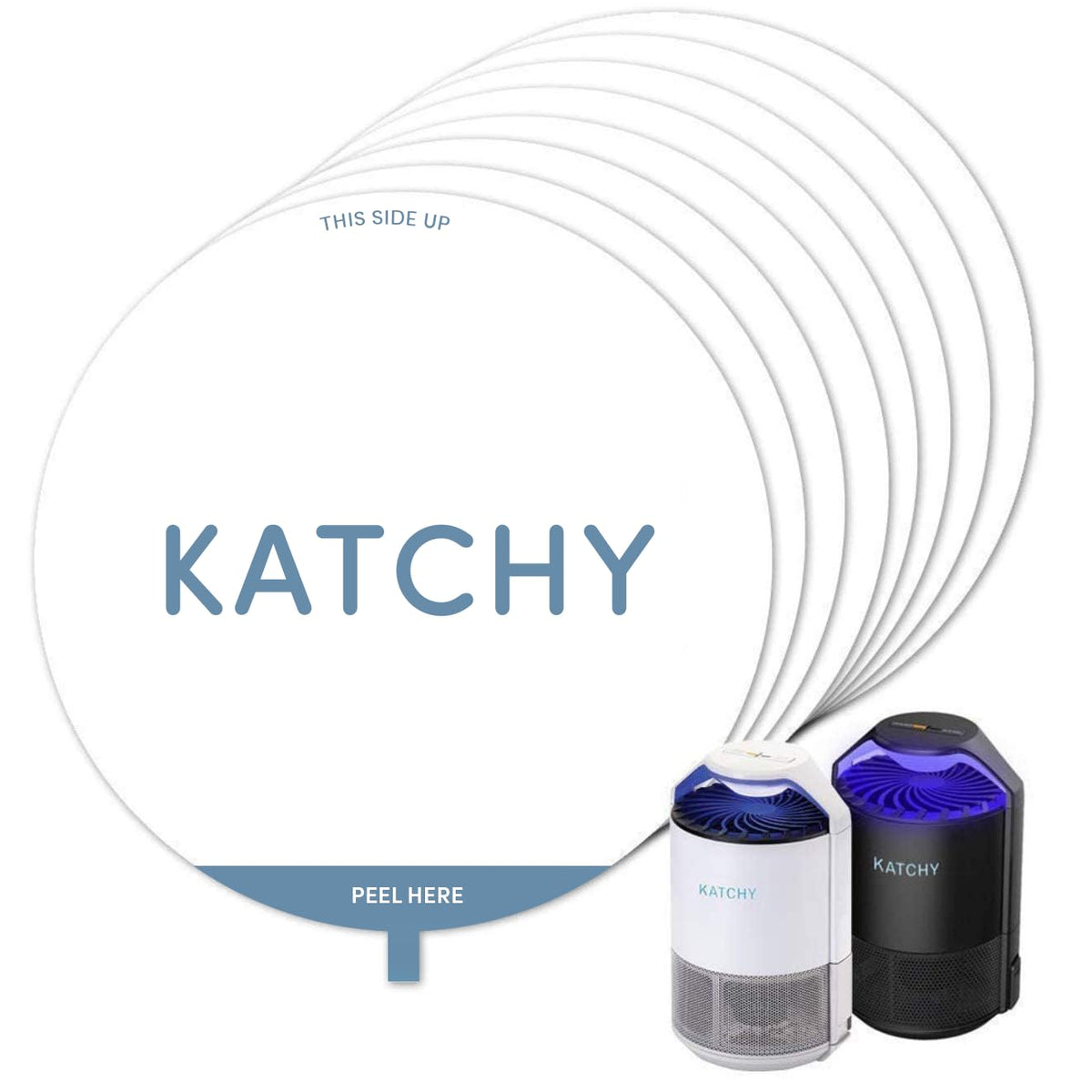 KATCHY frente del paquete de recambios mostrando ocho placas adhesivas y compatibilidad