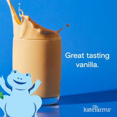 Kate Farms detalle de textura del batido vainilla en vaso, muestra consistencia suave y homogénea