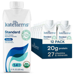 KATE FARMS frontal del envase mostrando sabor vainilla y beneficios orgánicos