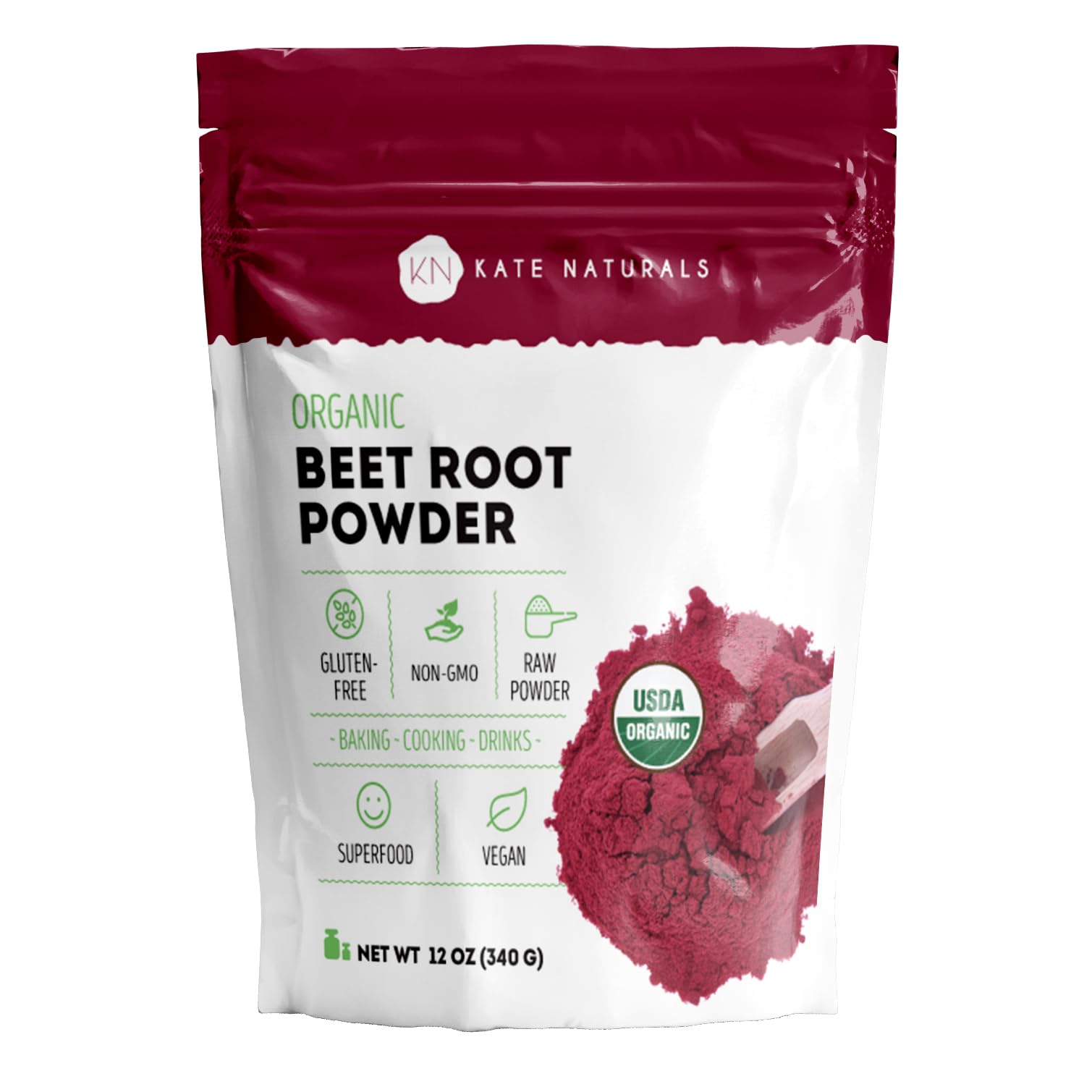 Kate Naturals envase frontal del polvo de remolacha orgánico mostrando etiqueta clara y beneficios