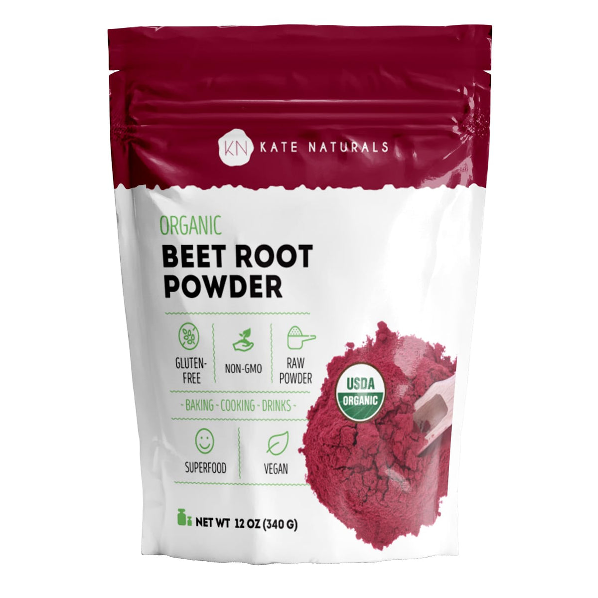 Kate Naturals envase frontal del polvo de remolacha orgánico mostrando etiqueta clara y beneficios