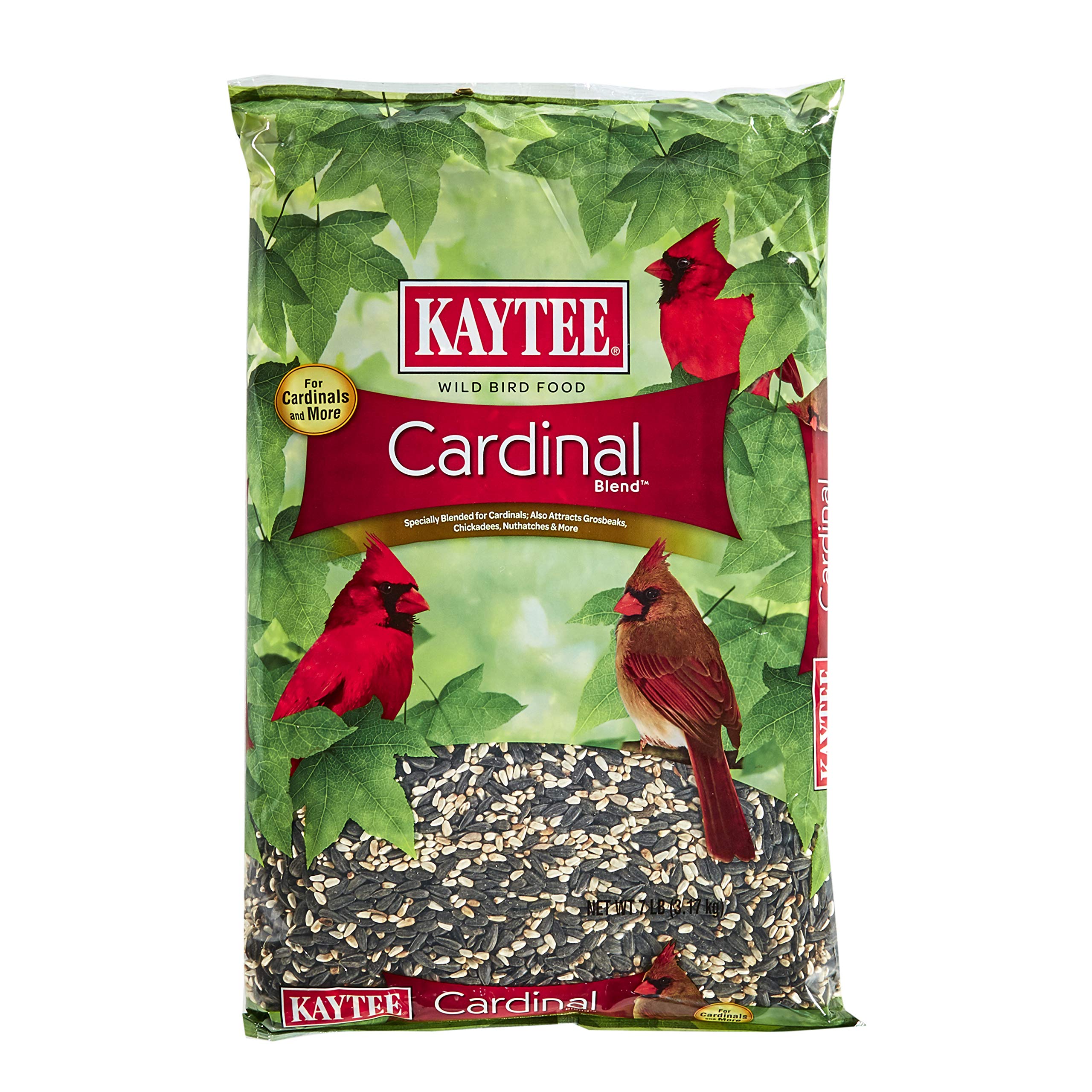 Kaytee bolsa delantera 7 lb mostrando marca y diseño, atrae cardenales fácilmente
